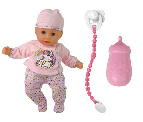 Baby Doll in Clothes and Hat, Pacifier, Feeding Bottle