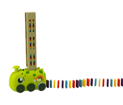 Battery-operated Green Dinosaur Car Arranging Colorful Dominoes 4 Colors of Blocks