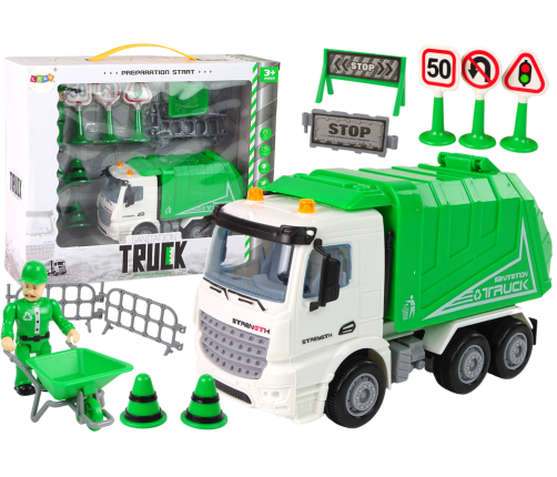 Rubbish Truck Set Road Signs Green Garbage Truck