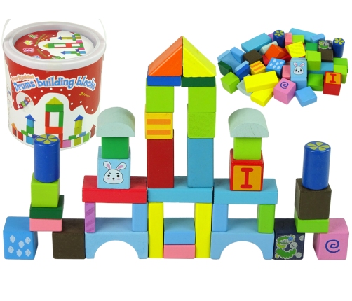 Set of Wooden Blocks in Bucket Various Shapes