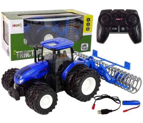 Remote Controlled Tractor 1:24 Blue Plough Metal