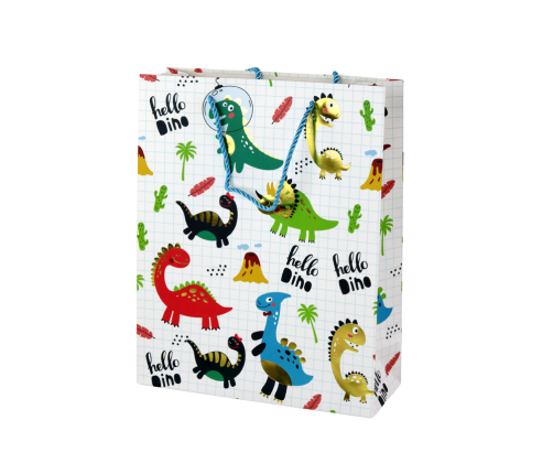 White Checkered Paper Gift Bag Dinosaurs 32 cm x 26 cm x 10 cm