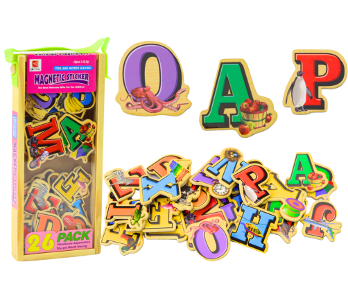 Set of Wooden Letters Pictures Magnets 26 Pieces