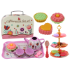 Tea set in a suitcase, cups, plates, cake stand