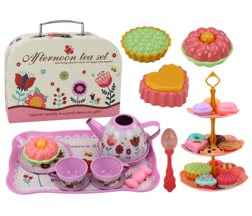 Tea set in a suitcase, cups, plates, cake stand