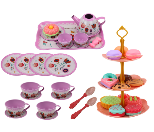 Tea set in a suitcase, cups, plates, cake stand