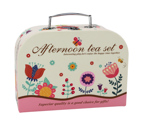 Tea set in a suitcase, cups, plates, cake stand