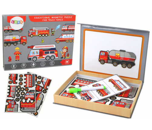 A set of magnetic puzzles with a fire truck motif