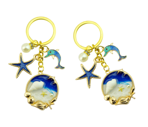 Keychain Ornament Ocean Starfish Dolphin Blue Gold