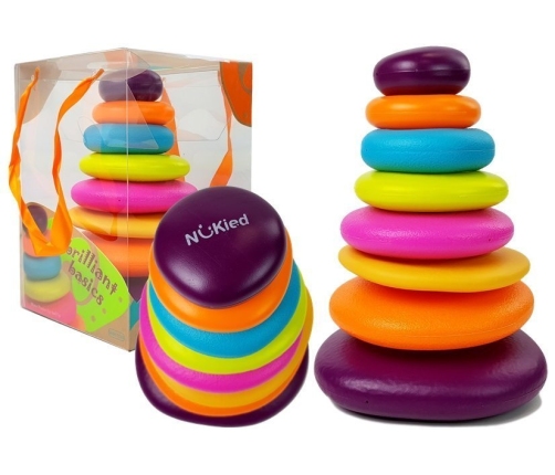 A pyramid of colorful hoops for a baby