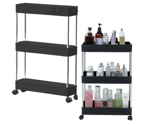 Multifunctional Mobile Shelf 3 Shelves on Wheels Black