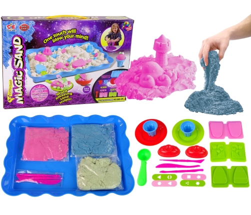 Magic Kinetic Sand + accessories for creating desserts  3 colours of sand