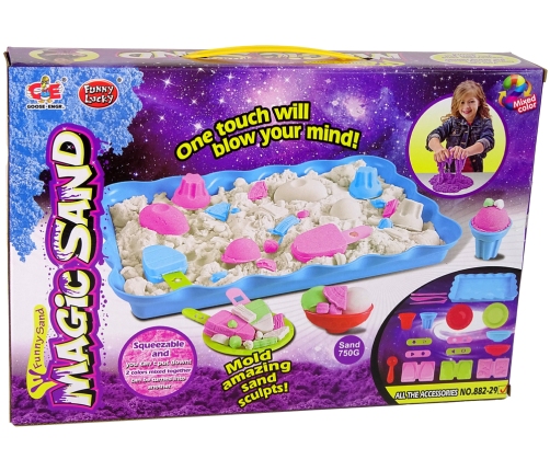 Magic Kinetic Sand + accessories for creating desserts  3 colours of sand