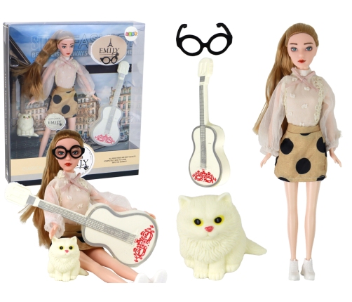 Children's Doll Emily with Guitar Glasses Long Blonde Hair Kitten