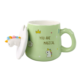 Green Unicorn Ceramic Mug, Lid, Spoon, 350 ml