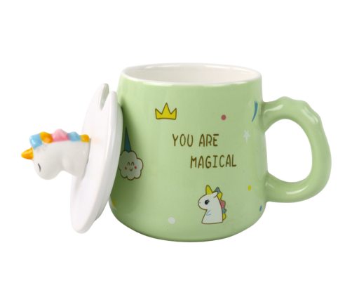 Green Unicorn Ceramic Mug, Lid, Spoon, 350 ml