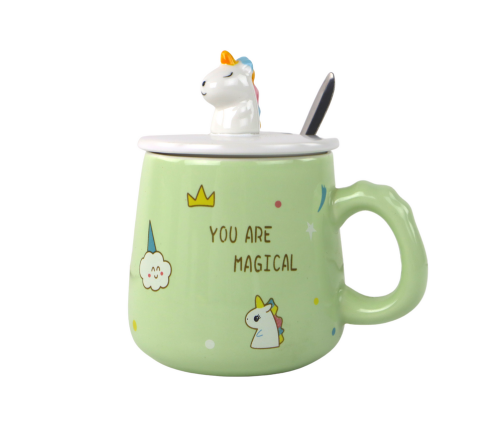 Green Unicorn Ceramic Mug, Lid, Spoon, 350 ml