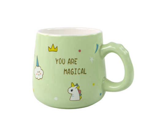 Green Unicorn Ceramic Mug, Lid, Spoon, 350 ml