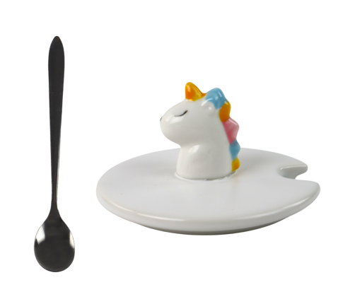 Green Unicorn Ceramic Mug, Lid, Spoon, 350 ml