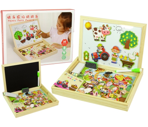 Wooden 2-in-1 Chalkboard Magnetic Puzzle Animal Farm Set