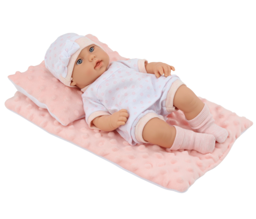 Baby Doll in White Pajamas, Hat, Blanket, Cushion