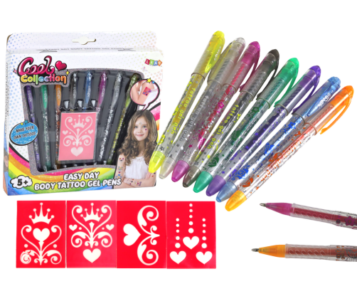 Set of glitter tattoo pens 8 pcs. Stencils 4 pcs.