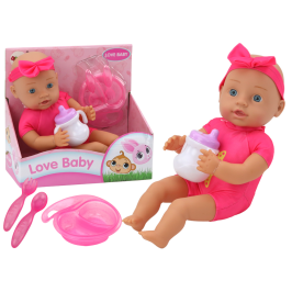 Baby doll, pink clothes, headband, feeding accessories