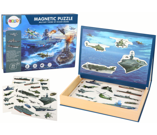 A set of educational magnetic puzzles with a military ship motif