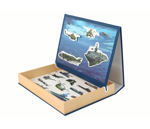 A set of educational magnetic puzzles with a military ship motif