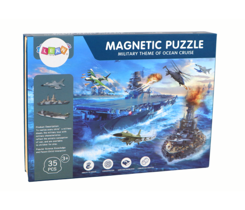 A set of educational magnetic puzzles with a military ship motif