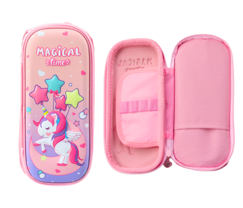 Pink Pencil Case with 3D Unicorn Two-compartment 24 cm x 11 cm x 7 cm