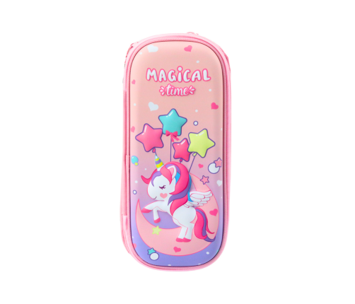 Pink Pencil Case with 3D Unicorn Two-compartment 24 cm x 11 cm x 7 cm