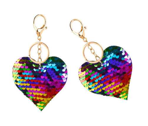 Heart Keychain Sequins Double-Sided Silver Colored