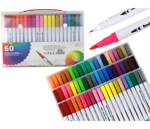 Set of 60 colored marker pens in an organizer