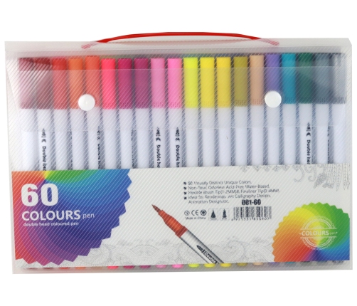 Set of 60 colored marker pens in an organizer