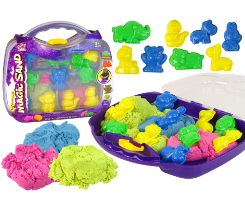 Magic Kinetic Sand in a suitcase + animal moulds 1 Kilogram of sand in 3 pastel colours