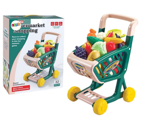 Shopping cart for children, set of vegetables and fruits, green