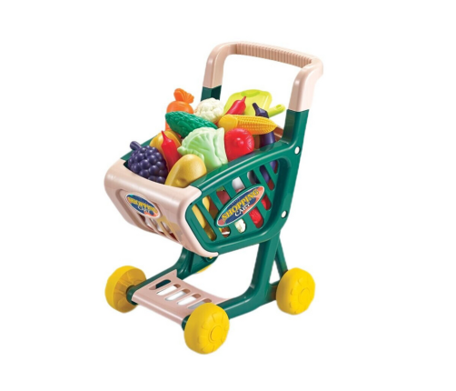 Shopping cart for children, set of vegetables and fruits, green