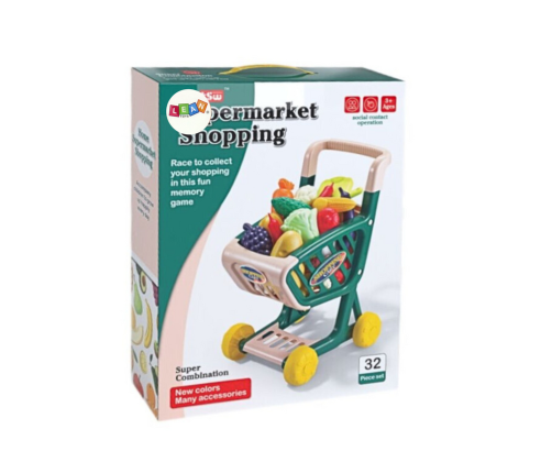 Shopping cart for children, set of vegetables and fruits, green