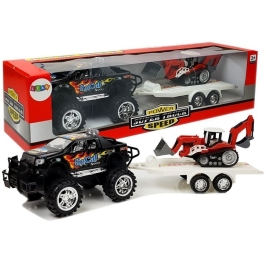 Set of Vehicles with Friction Off- road Car Black and Excavator