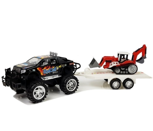 Set of Vehicles with Friction Off- road Car Black and Excavator