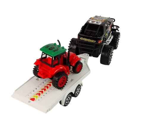 Set of Vehicles with Friction Off- road Car Black and Excavator