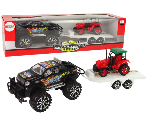 Set of Vehicles with Friction Off- road Car Black and Excavator