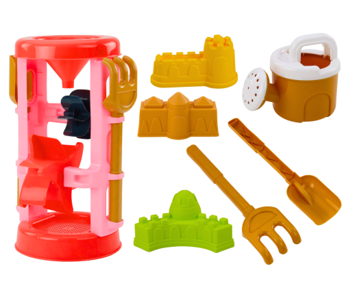 Set of Sand Toys, Grinder, Molds, Castles, Watering Can, Pink