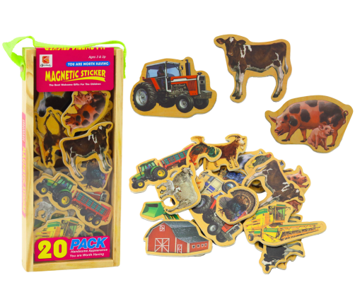 Set of Wooden Magnets, Home Animals, Agricultural Machines, 20 Pieces