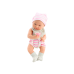 Baby doll in white and pink clothes, hat, pacifier, bib, quilt