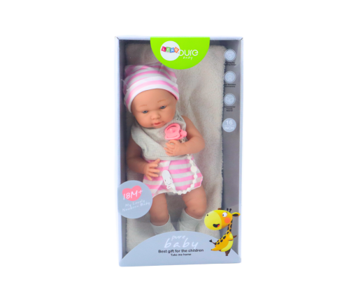 Baby doll in white and pink clothes, hat, pacifier, bib, quilt