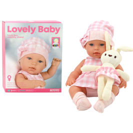 Baby doll in a bunny carrier in a pink checkered outfit