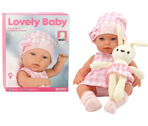 Baby doll in a bunny carrier in a pink checkered outfit