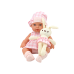 Baby doll in a bunny carrier in a pink checkered outfit